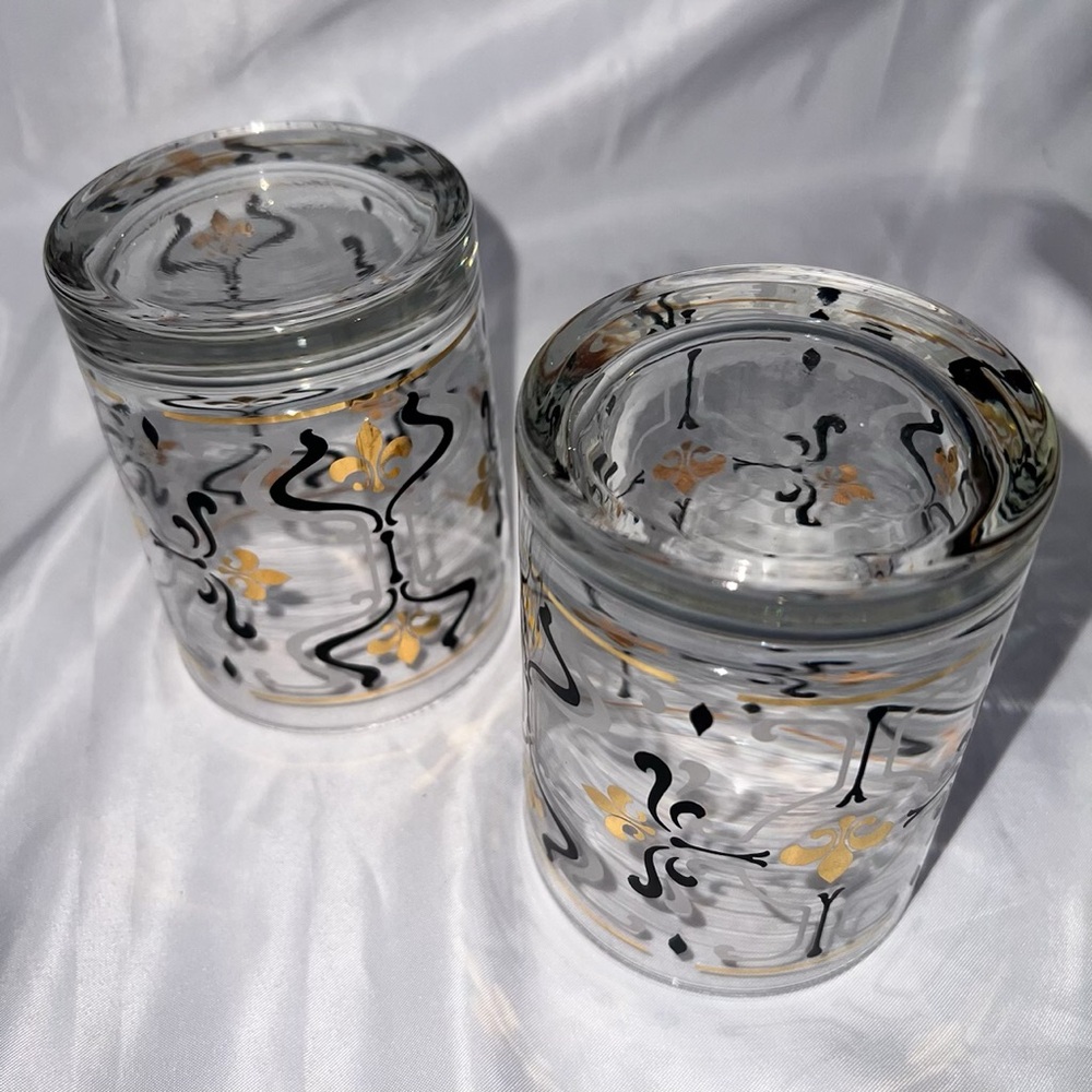 🥃 2 Lowball Rocks Old Fashioned Glasses Black Gold Fleur-de-lis vintage EUC MCM - Picture 7 of 16
